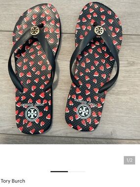 Tory Burch Black Flip Flops with Red Heart Print and Gold Logo like new